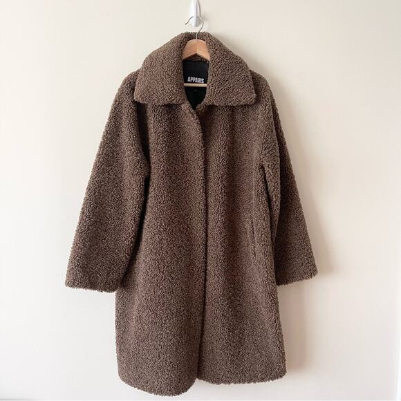 Apparis Women's Brown Teddy Coat Front Snap Closure Mid Length - Picture 1 of 9